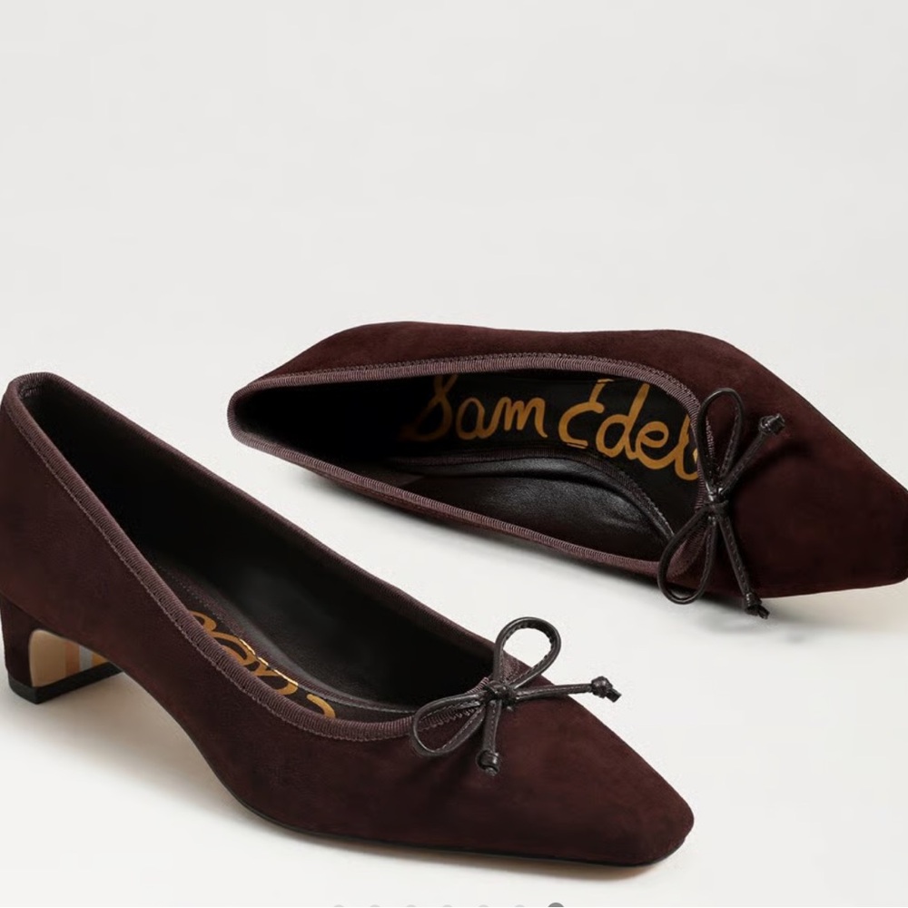 Sam Edelman chocolate  Suede Low Block Heel Pointed Pump with Bow